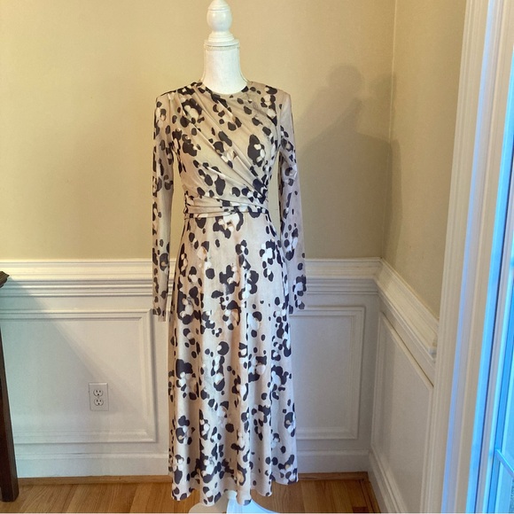 H&M Tan Black Animal Leopard Cheetah Print Mesh Net Long Sleeve Midi Maxi Dress - Picture 9 of 9